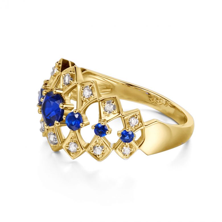 Anello Santa Maria Novella - Oro Giallo, Mezzo Giro di Zaffiri & Diamanti - 9