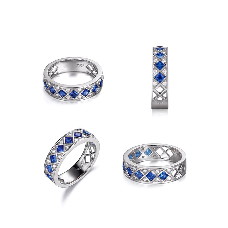 Anello Dama Di Quadri - Oro Bianco, Mezzo Giro di Zaffiri & Diamanti - 4