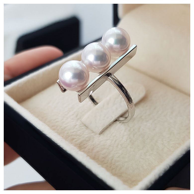 Anello Takana - Oro Bianco, 3 Perle Akoya - 15
