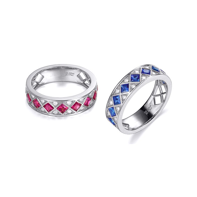 Anello Dama Di Quadri - Oro Bianco, Mezzo Giro di Zaffiri & Diamanti - 7