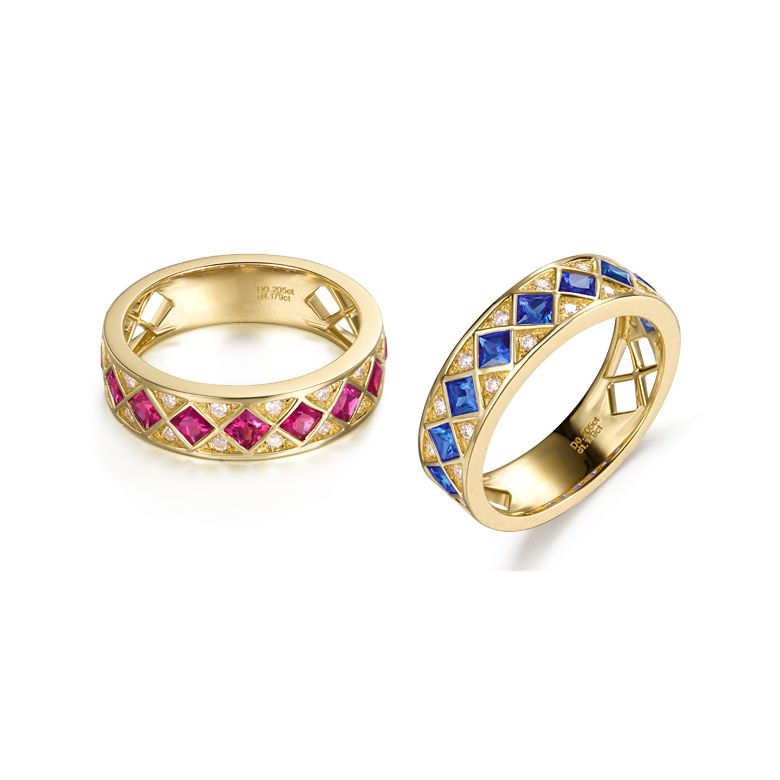 Anello Dama Di Quadri - Oro Giallo, Mezzo Giro di Zaffiri & Diamanti - 4