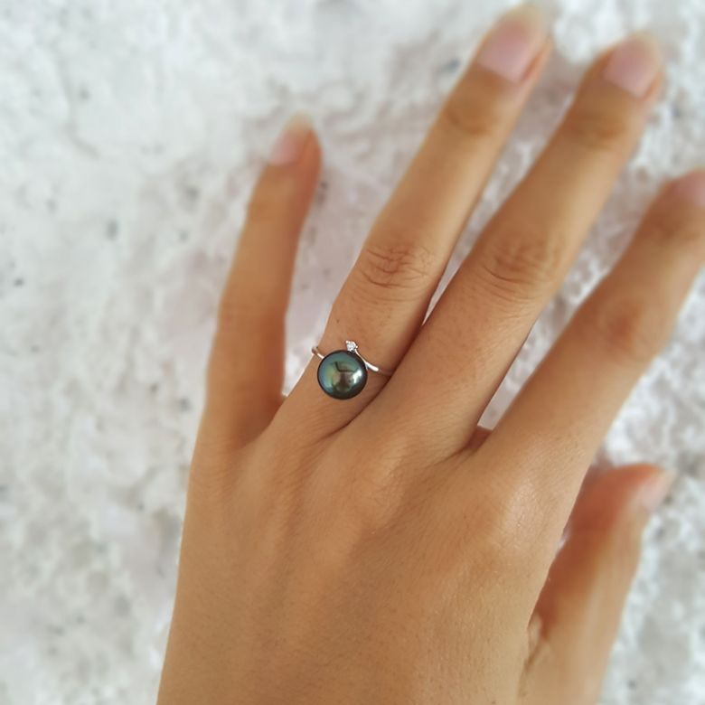 Anello Îles Gambier - Oro Bianco, Diamante e Perla di Tahiti - 2