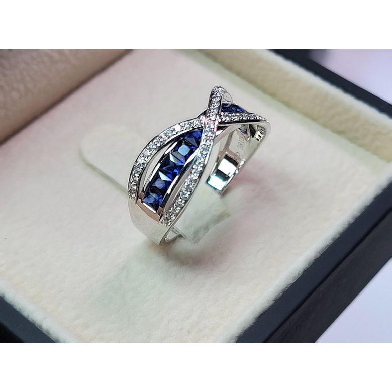 Anello Sens - Oro Bianco, Riviera di Zaffiri Princess a Binario & Diamanti - 9