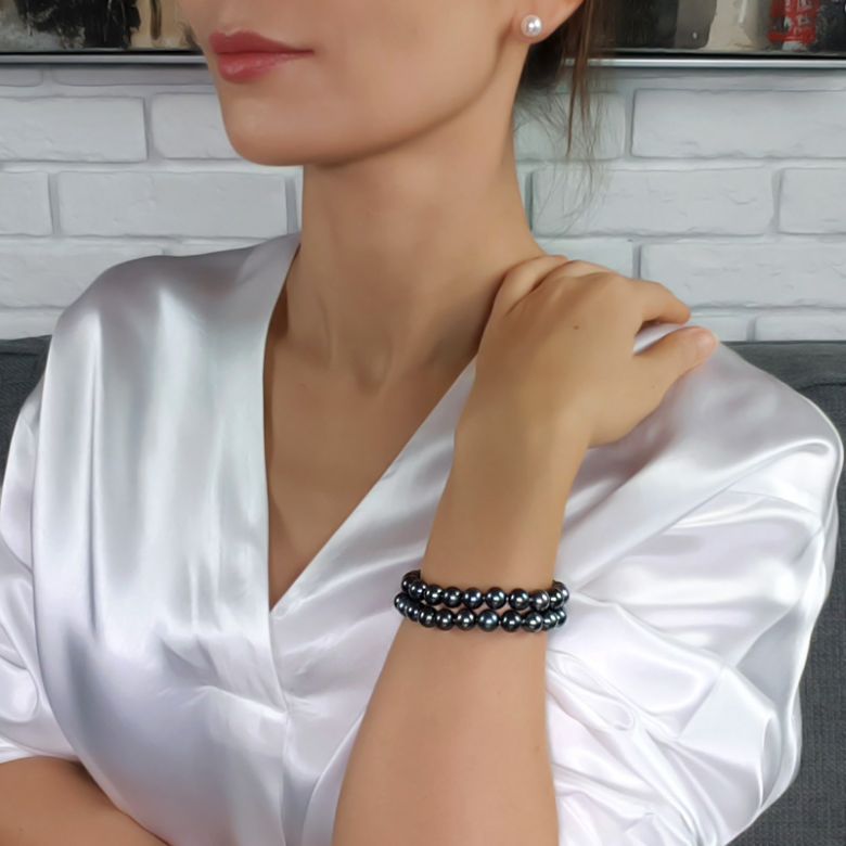 Braccialetto A Due Fili Cavazza  - Perle d'Acqua Dolce Nere - 7/7.5mm, AAA - 5