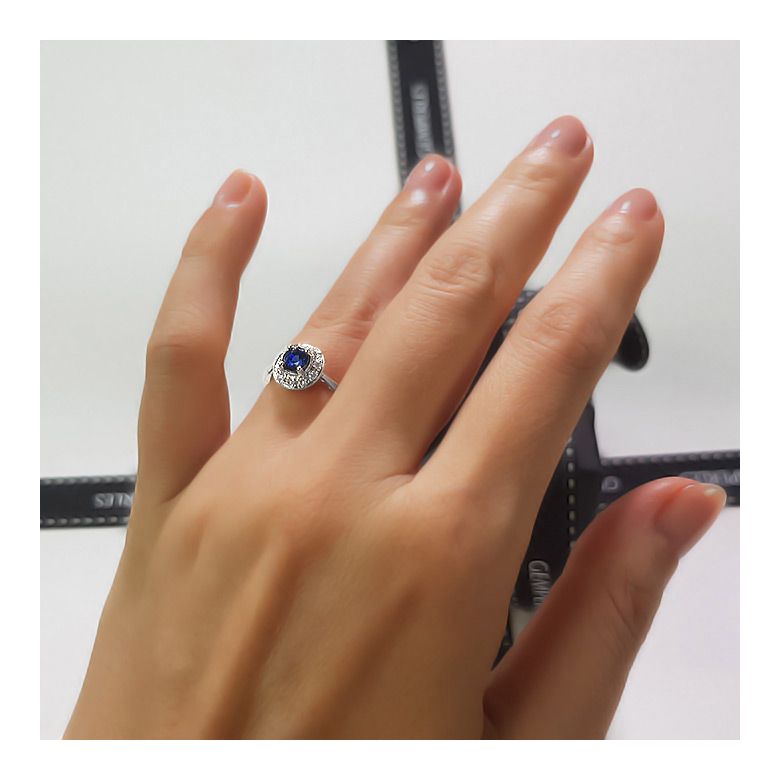 Anello Solitario Composto Kandy - Oro Bianco, Diamanti & Zaffiro Blu - 1