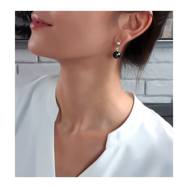 Orecchini Pendenti Kalymnos -  Oro Bianco/Giallo, Diamanti & Perle di Tahiti - 1