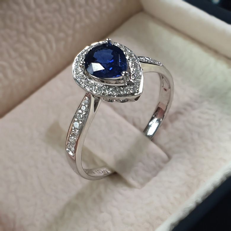 Anello Solitario Composto Jaffna - Oro Bianco, Diamanti & Zaffiro Pera - 4