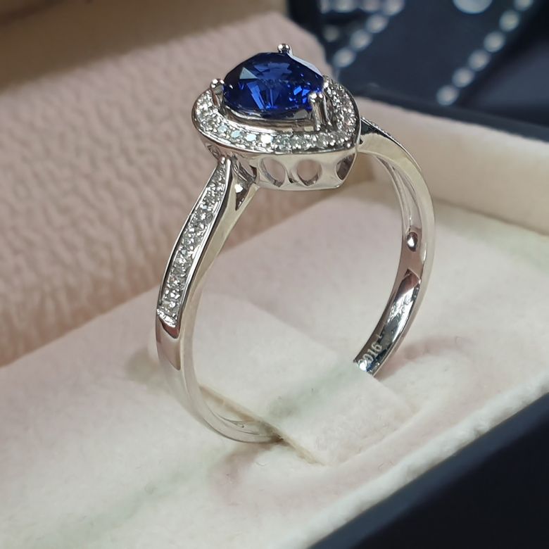 Anello Solitario Composto Jaffna - Oro Bianco, Diamanti & Zaffiro Pera - 6