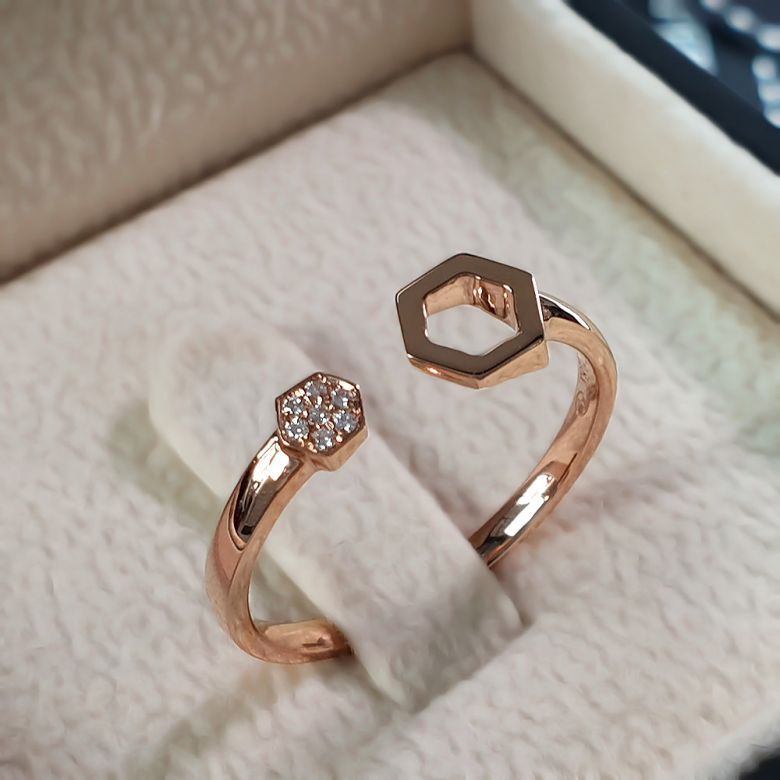Anello aperto Esagono. Oro rosa 18 carati e diamanti - 1