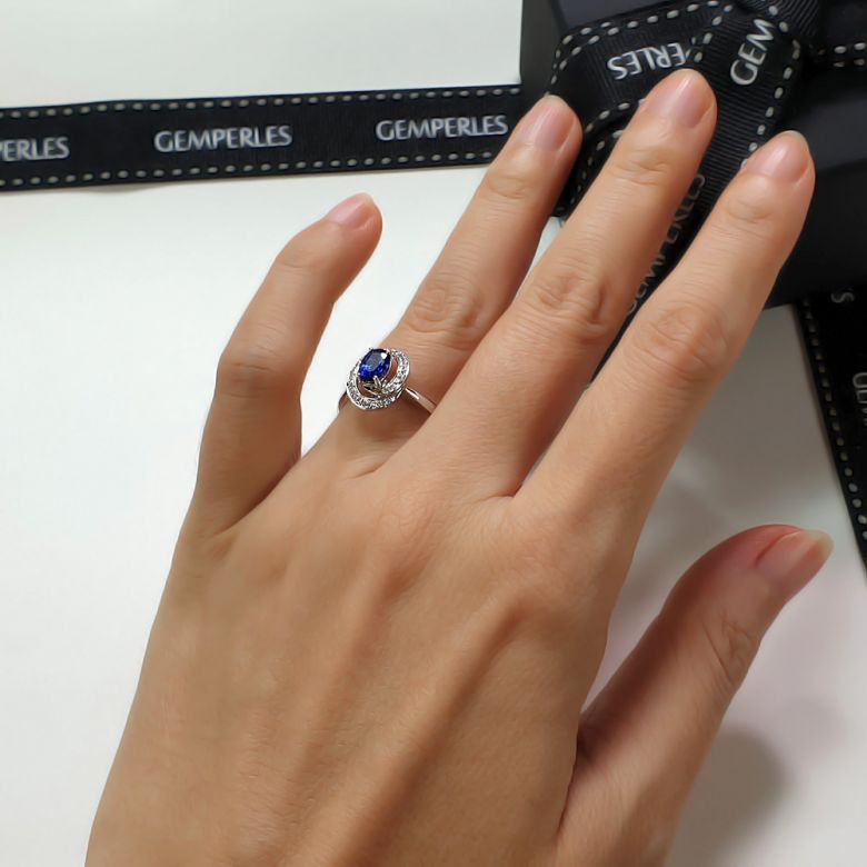 Solitario Sinharâja - Oro Bianco, Spirale di Diamanti & Zaffiro Ovale - 2