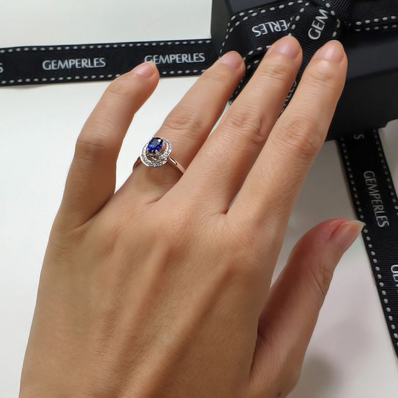 Solitario Sinharâja - Oro Bianco, Spirale di Diamanti & Zaffiro Ovale - 8