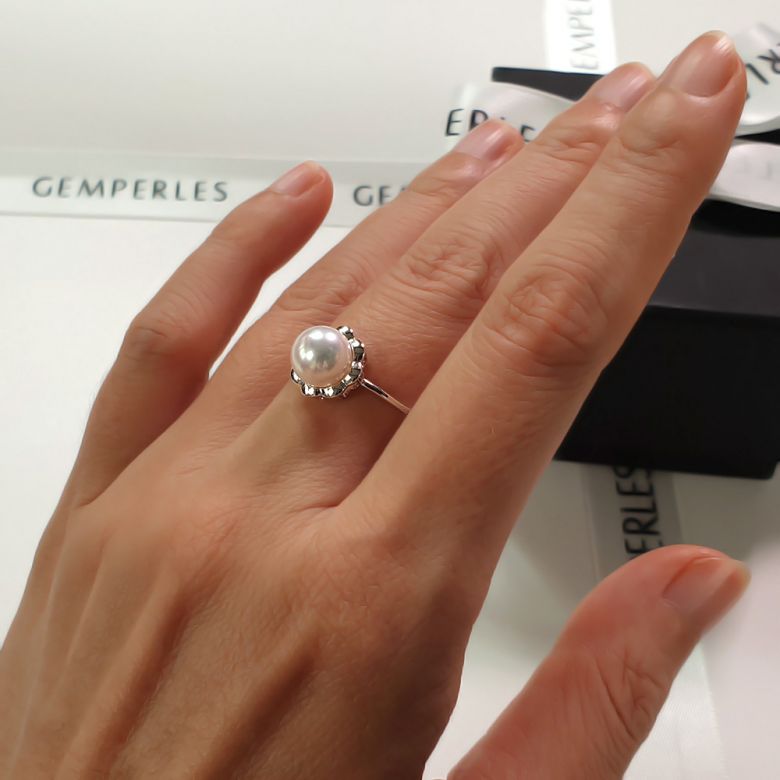 Anello Fiore - Oro Bianco e Perla Akoya - 8