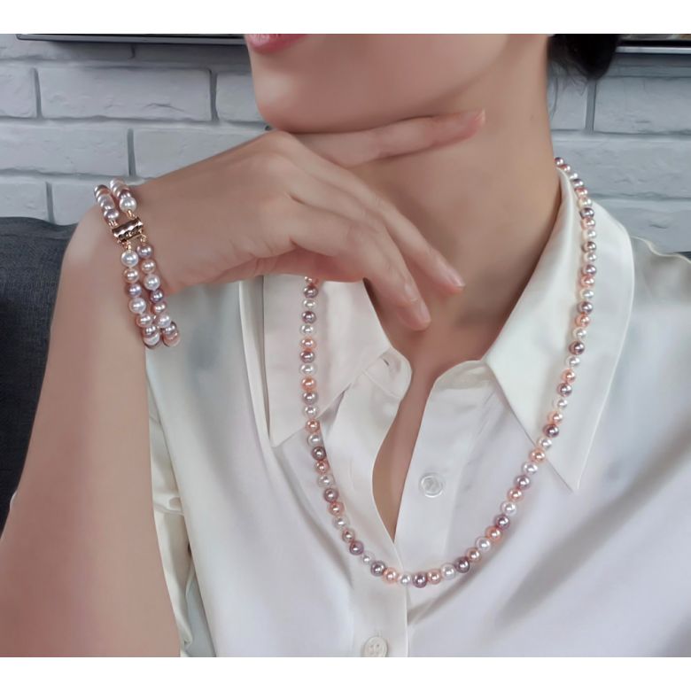 Parure 2 Fili Perle Miste Plurale - Collana e Braccialetto 6.5/7mm - 3