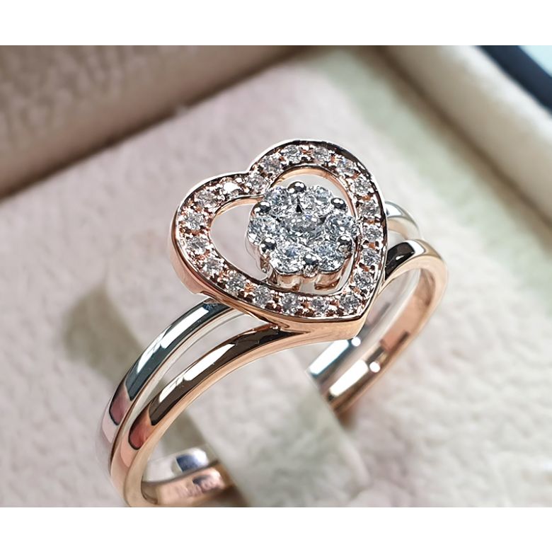 Anello doppio - Oro rosa e bianco 18ct - Diamanti incastonati - Cuore rosa - 1