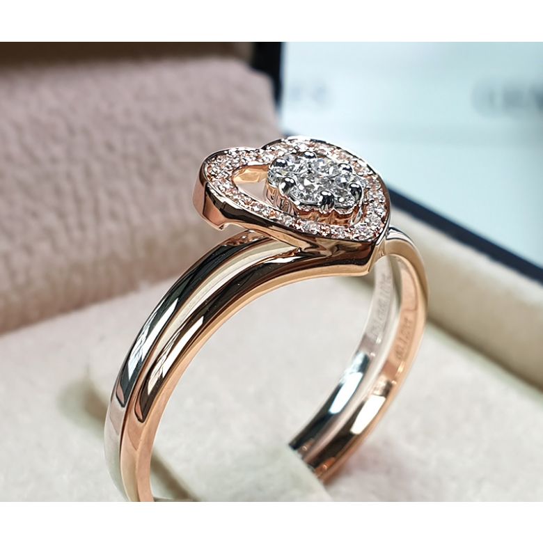 Anello doppio - Oro rosa e bianco 18ct - Diamanti incastonati - Cuore rosa - 4