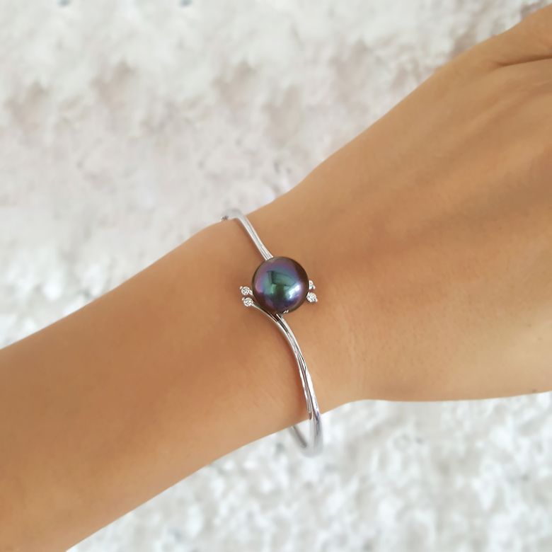 Braccialetto Giunco Hiti - Oro Bianco, Perla di Tahiti Nera - 2