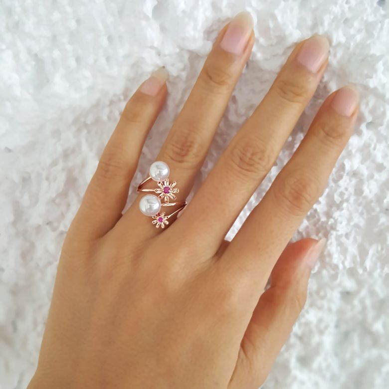 Anello oro rosa Toi et Moi Perla Akoya. Fiori, Zaffiri rosa - 7