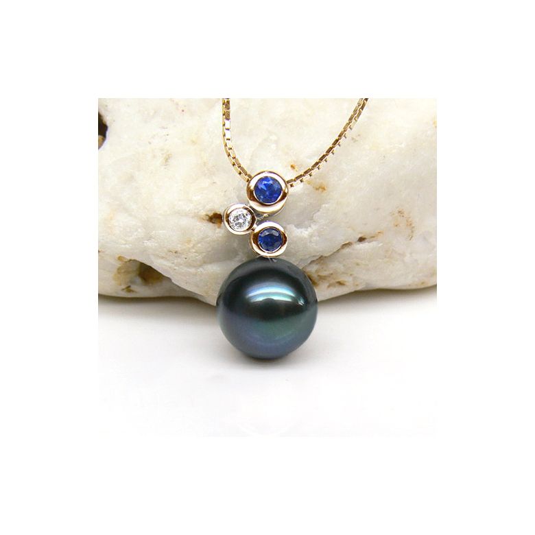 Ciondolo Nicobar - Oro Giallo 18kt, Zaffiri e Perla di Tahiti - 2
