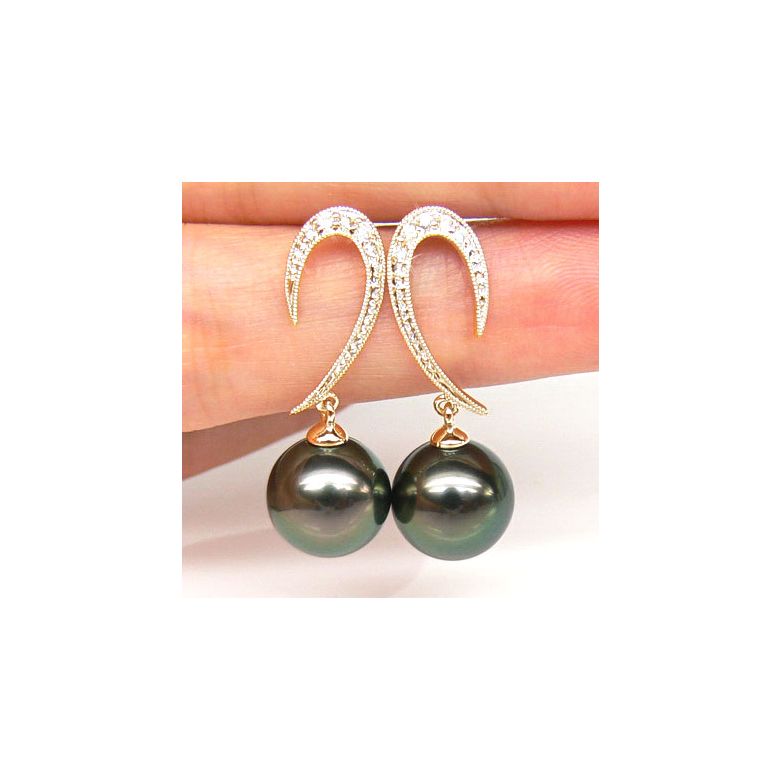 Orecchini Pendenti Gwynne - Perle di Tahiti Nere, Oro Giallo - 2
