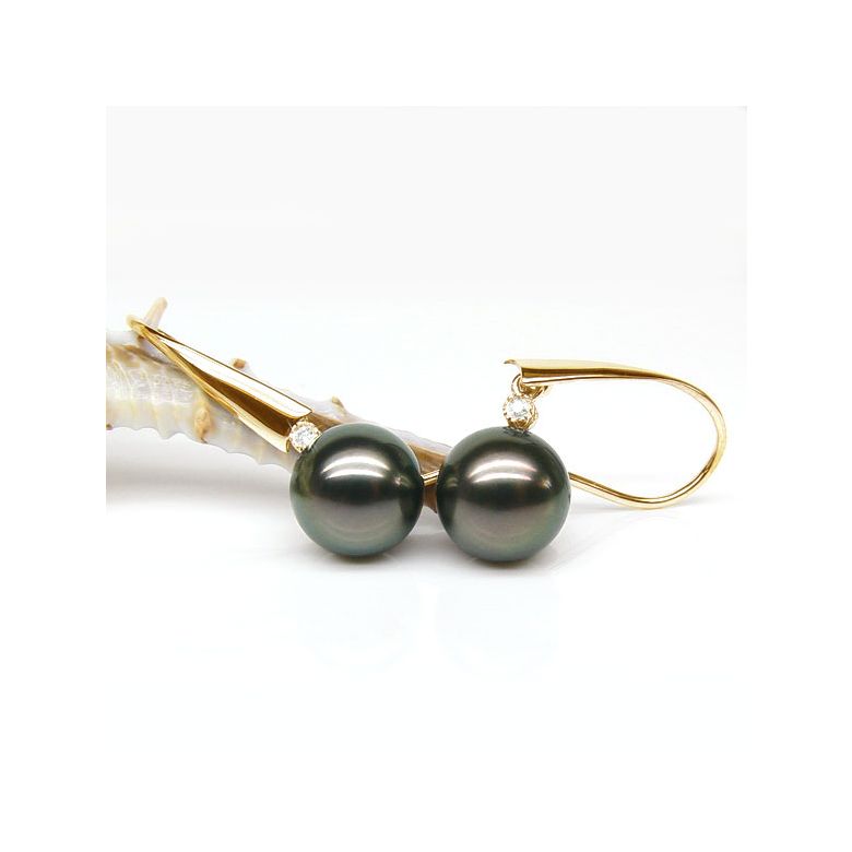 Orecchini Gancio Boyd - Perle di Tahiti Nere, Diamanti e Oro Giallo - 2