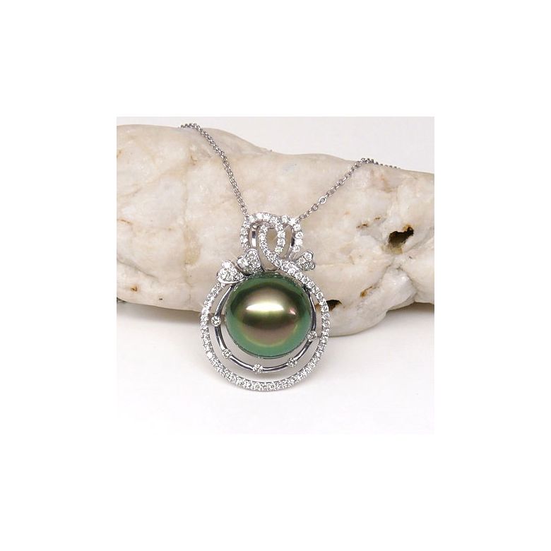 Ciondolo 3 Coeurs - Oro Bianco, Diamanti e Perla di Tahiti - 2