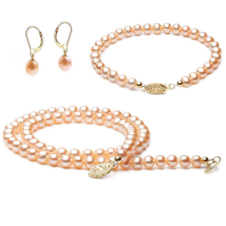 Parure Perle Acqua Dolce Rosa Jacinthe - Collana, Braccialetto e Orecchini 5.5/9mm - 1