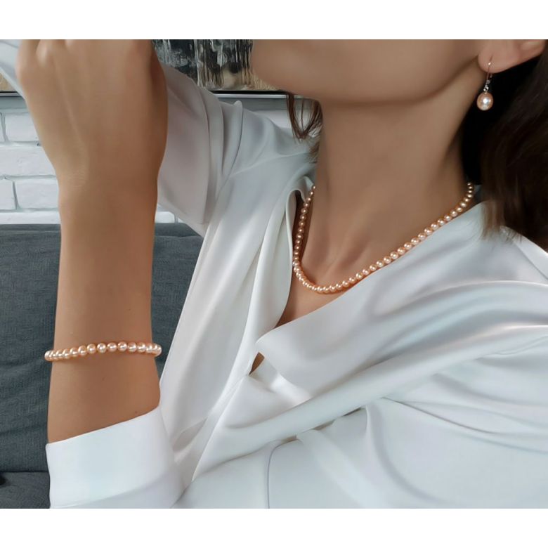 Parure Perle Acqua Dolce Rosa Jacinthe - Collana, Braccialetto e Orecchini 5.5/9mm - 6