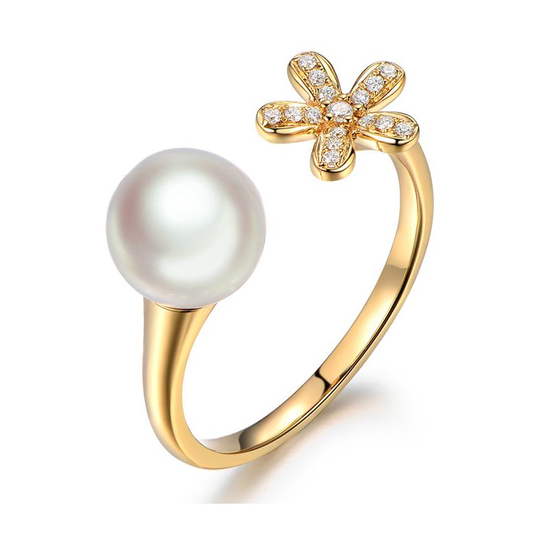 Anello Ko No Hana - Oro Giallo, Diamanti e Perla Akoya - 1