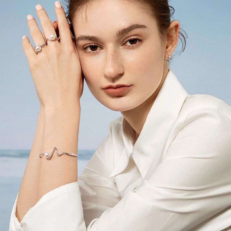 Braccialetto Ondine - Perla Akoya, Oro Bianco, Diamanti - 4