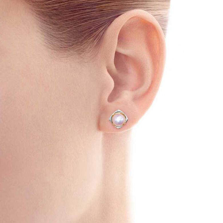 Orecchini A Lobo Lotus du Japon - Oro Bianco & Giallo, Perle Akoya - 2