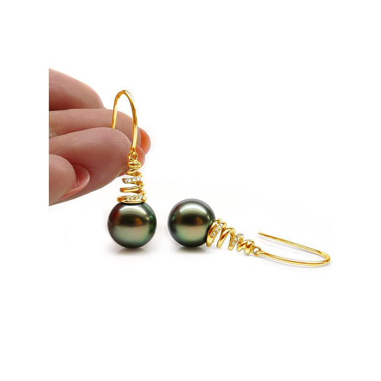 Orecchini Gancio Danemark - Perle di Tahiti Nere, Oro Giallo - 2