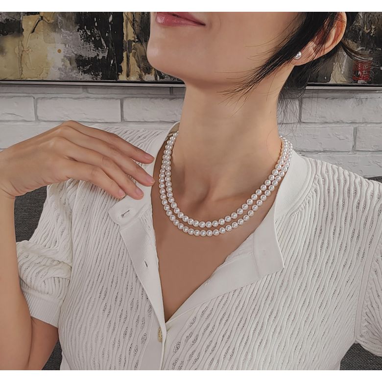 Collana Tamakatsu - Due Fili di Perle Akoya Bianche - 6/6.5mm, AAA - 3