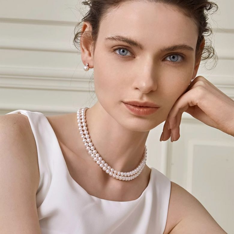 Collana Mutzu - Due Fili di Perle Akoya Bianche - 5.5/6mm, AAA - 1