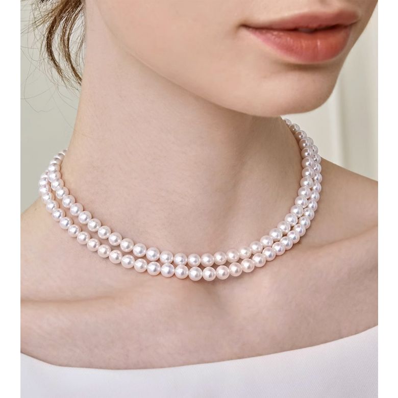 Collana Mutzu - Due Fili di Perle Akoya Bianche - 5.5/6mm, AAA - 3