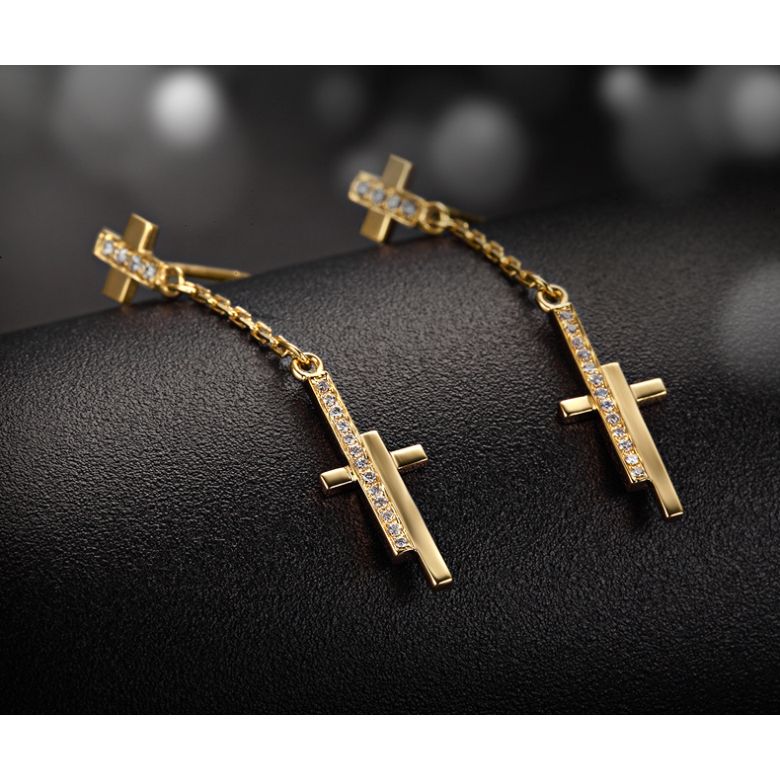 Orecchini Croci Pendenti - Oro Giallo & Diamanti - 2