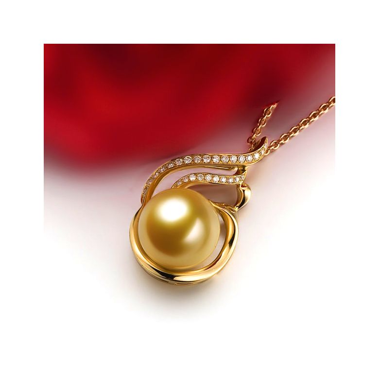 Ciondolo Dolcezza Vegetale - Oro Giallo, Diamanti & Perla dei Mari del Sud Dorata - 2
