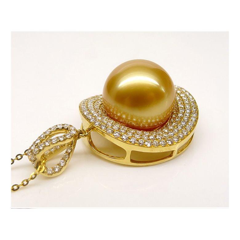 Ciondolo altissima gioielleria. Oro giallo, perla dorata e diamanti - 4
