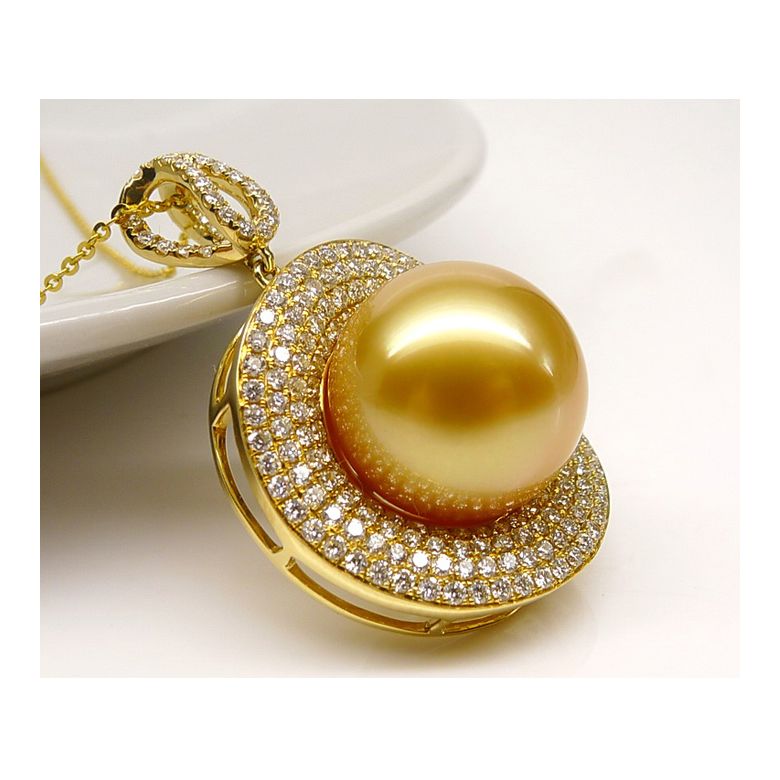 Ciondolo altissima gioielleria. Oro giallo, perla dorata e diamanti - 2
