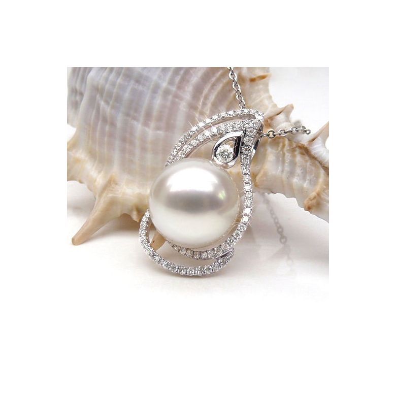 Ciondolo goccia oro bianco, diamanti - Perla d’Australia bianca - 10/11mm - 6