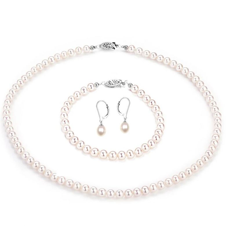 Parure Perle Acqua Dolce Bianche Edelweiss - Collana, Braccialetto e Orecchini 5/9mm - 3