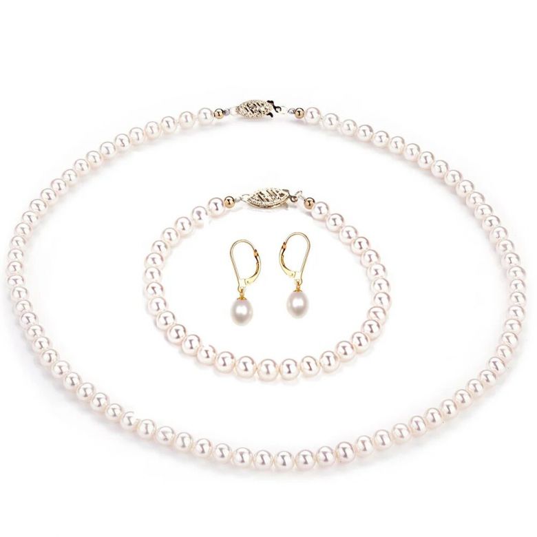 Parure Perle Acqua Dolce Bianche Edelweiss - Collana, Braccialetto e Orecchini 5/9mm - 1