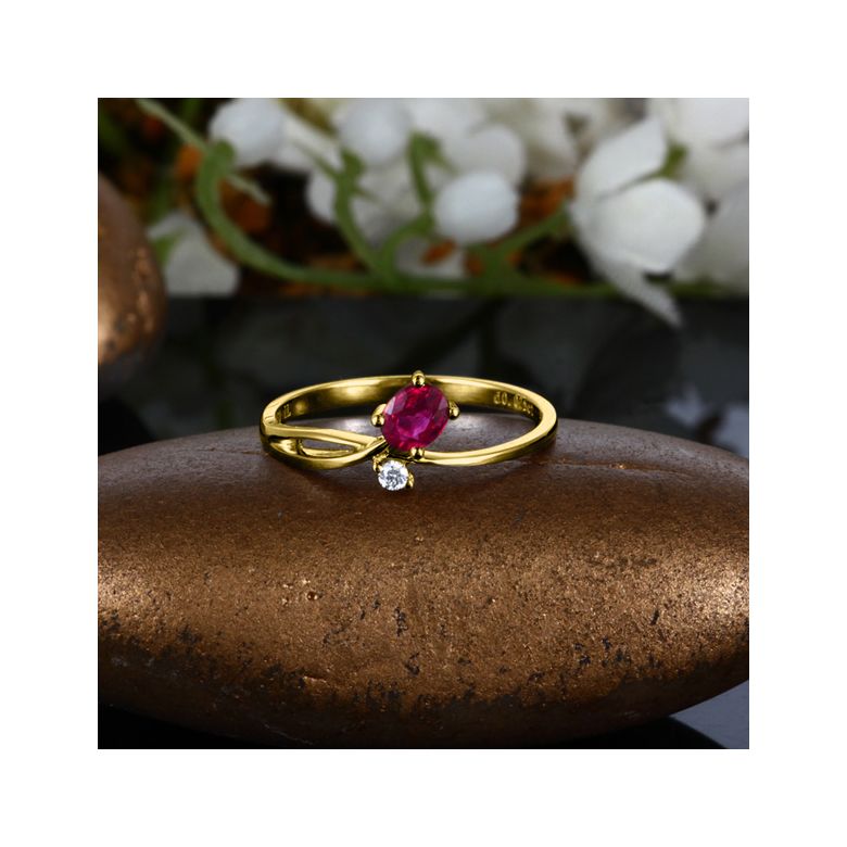 Anello Di Fidanzamento Rose Rouge - Oro Giallo, Diamante & Rubino Ovale - 3