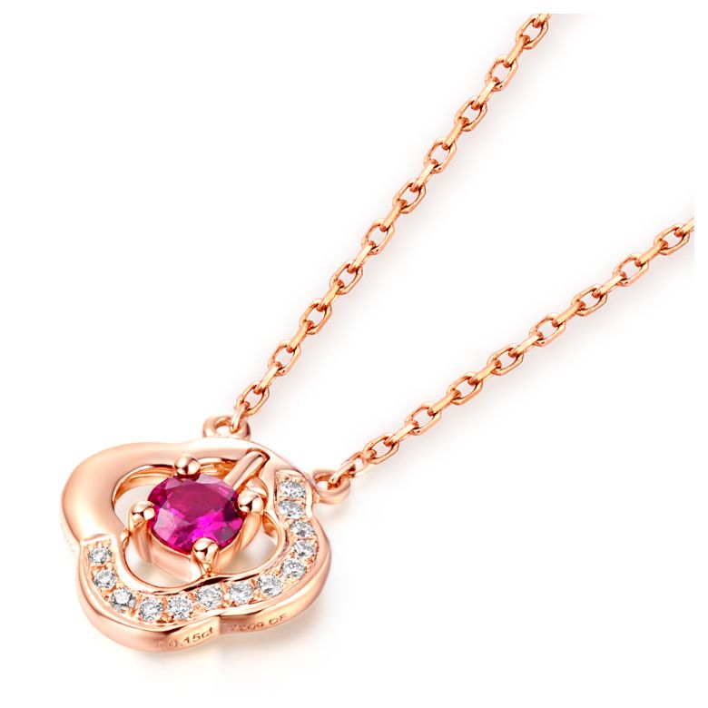 Ciondolo fiore in oro rosa - Incastonature di diamanti e rubino - 3