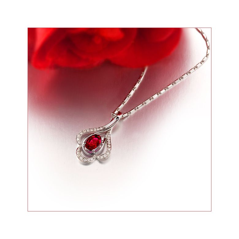 Ciondolo solitario in oro bianco - Rubino ovale e diamanti - 6