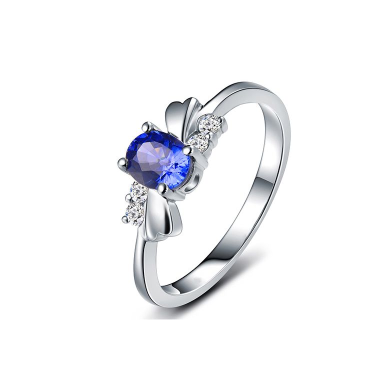 Anello di Fidanzamento Luxe - Oro Bianco, Diamanti & Zaffiro Blu Ovale - 1