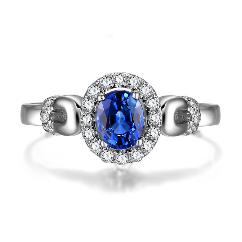 Anello di Fidanzamento Profondo - Oro Bianco, Diamanti & Zaffiro Blu Ovale - 3