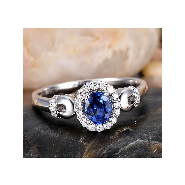 Anello di Fidanzamento Profondo - Oro Bianco, Diamanti & Zaffiro Blu Ovale - 4