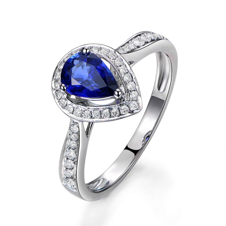 Anello Solitario Composto Jaffna - Oro Bianco, Diamanti & Zaffiro Pera - 1