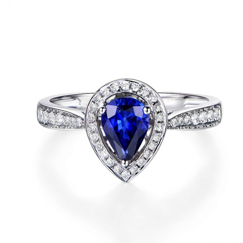 Anello Solitario Composto Jaffna - Oro Bianco, Diamanti & Zaffiro Pera - 5