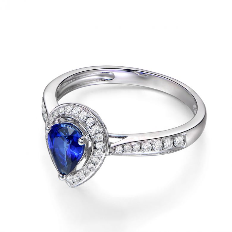 Anello Solitario Composto Jaffna - Oro Bianco, Diamanti & Zaffiro Pera - 7